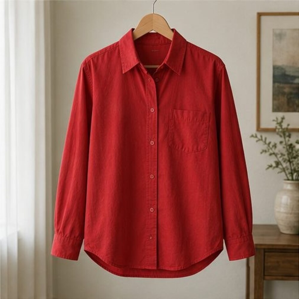 Red Poplin Button Down Shirt